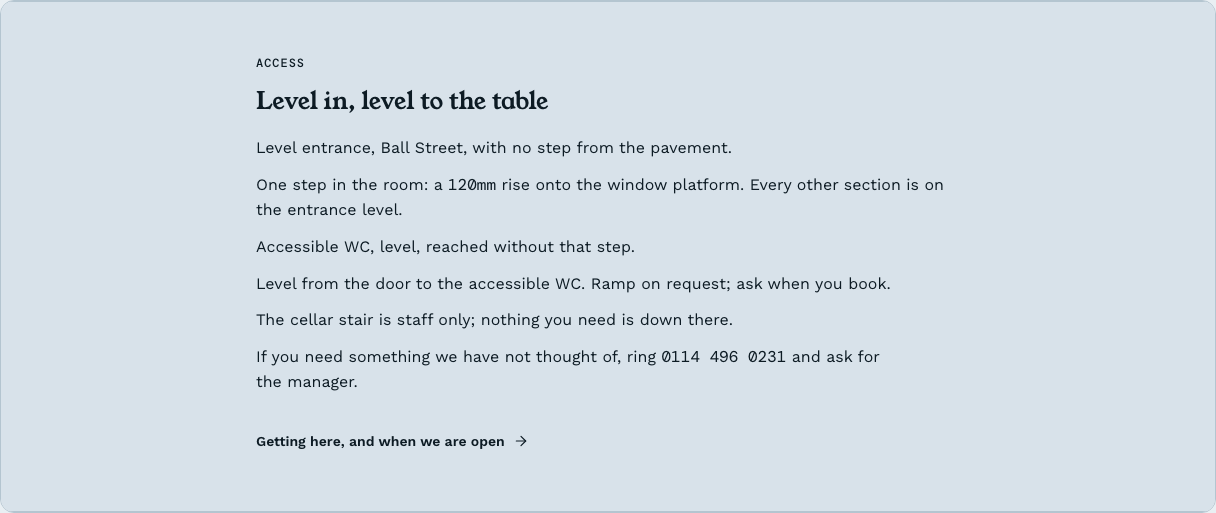 Covers restaurant website template Tailwind React — access-statement component