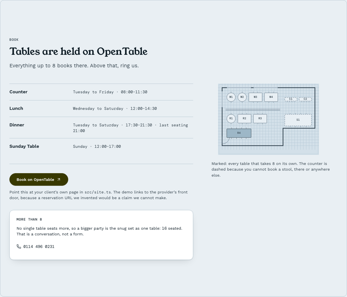 Covers restaurant website template Tailwind React — booking-handoff component