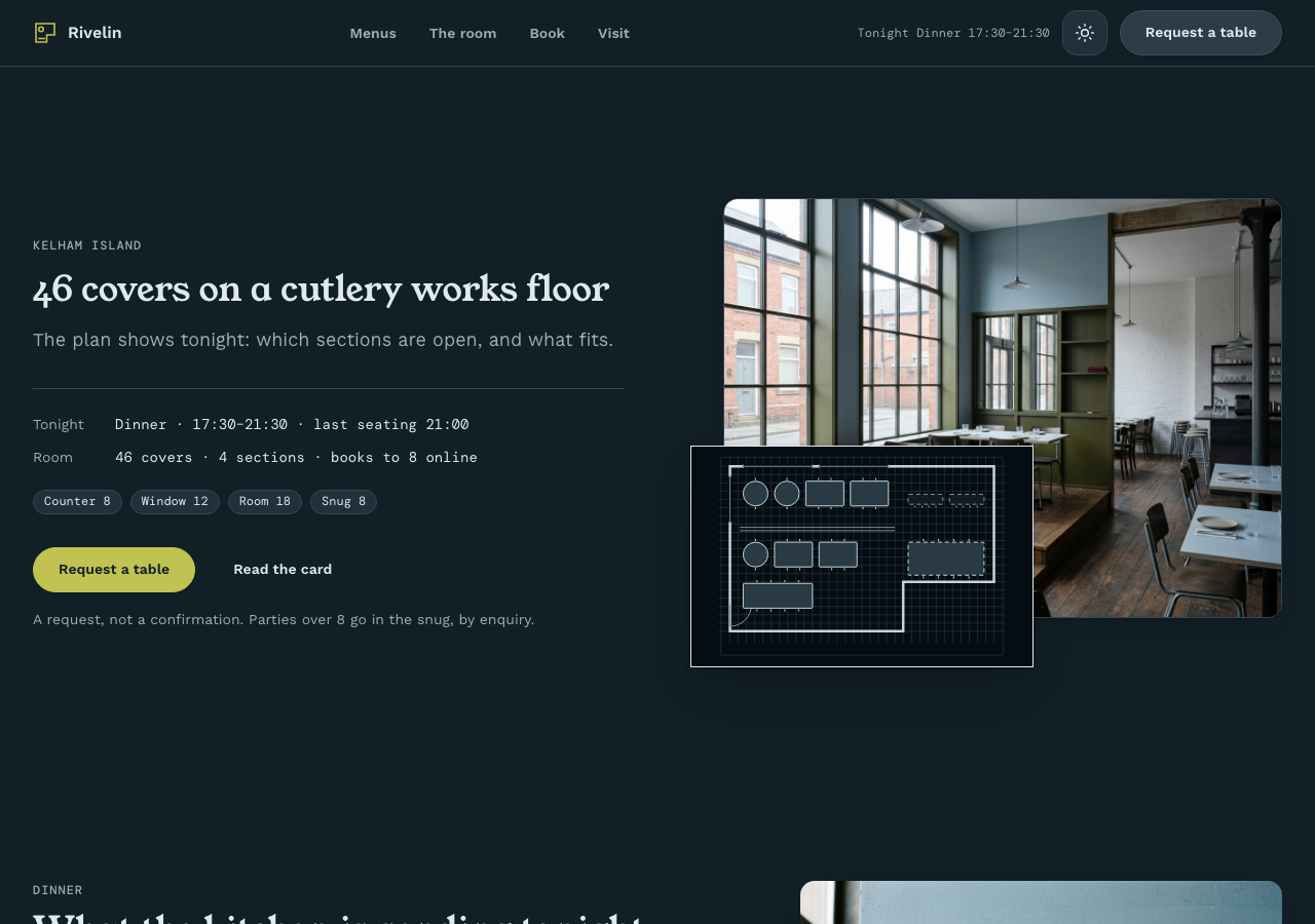 Covers – Restaurant & Dining Room home page, dark mode