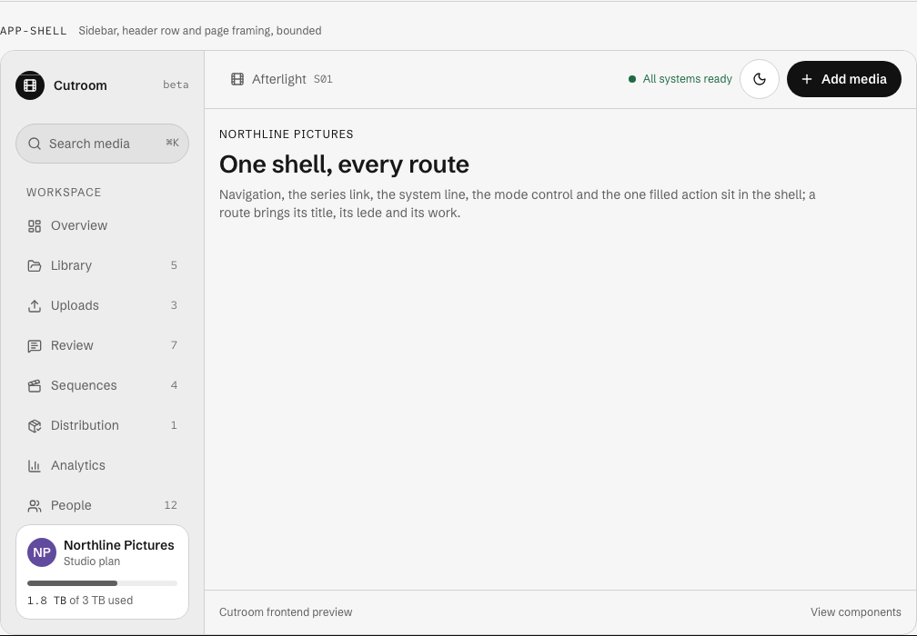 Cutroom Next.js media dashboard template — app-shell component