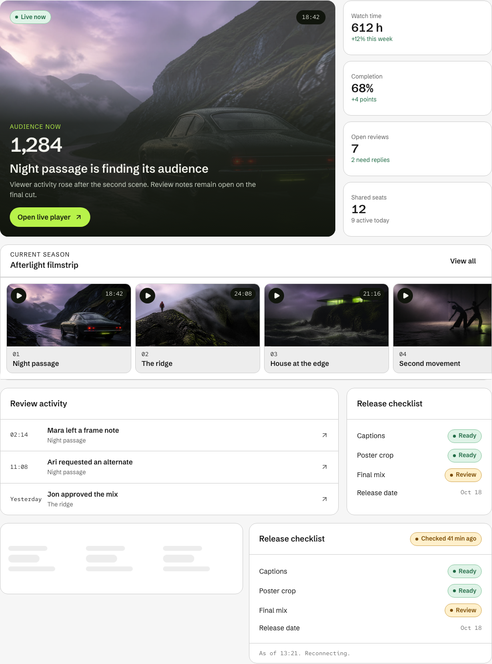 Cutroom Next.js media dashboard template — overview component