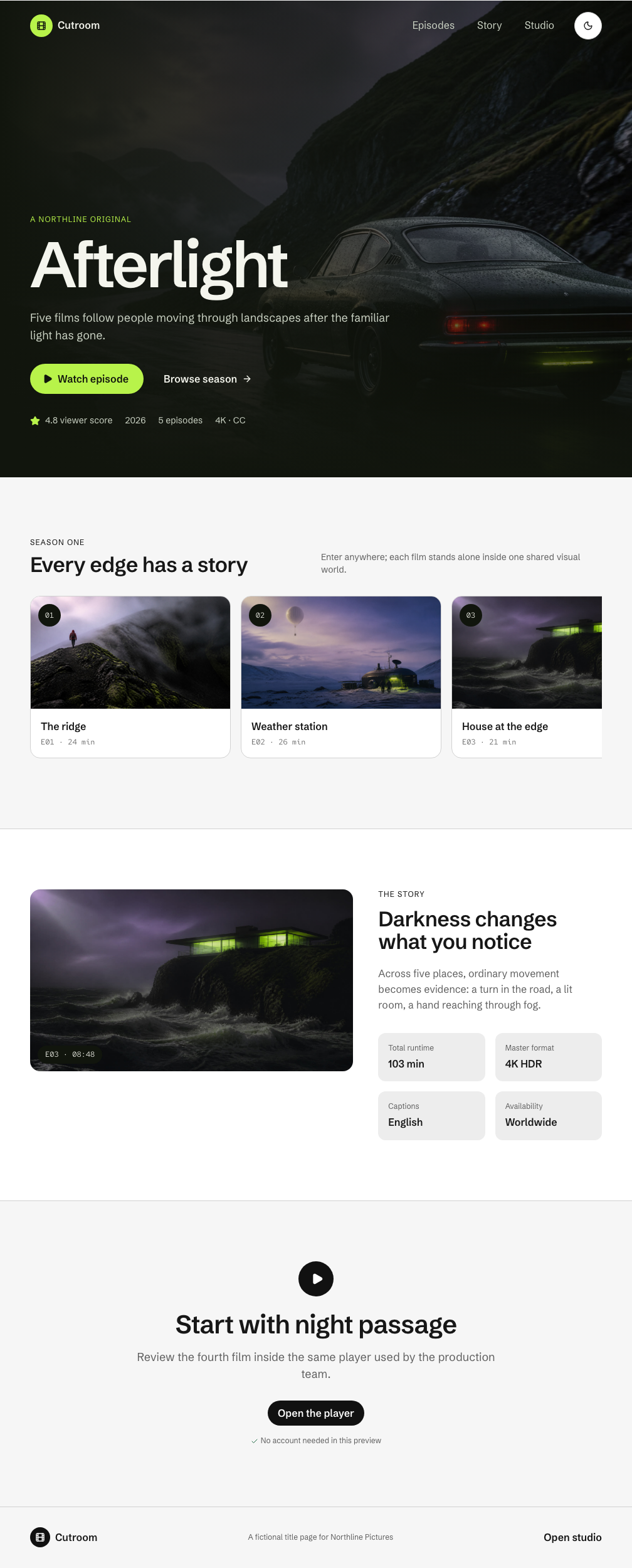 Cutroom Next.js media dashboard template — title-landing component