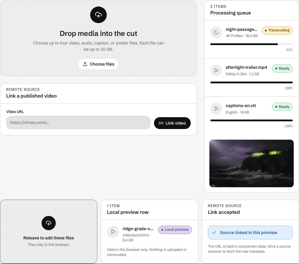 Cutroom Next.js media dashboard template — upload-center component