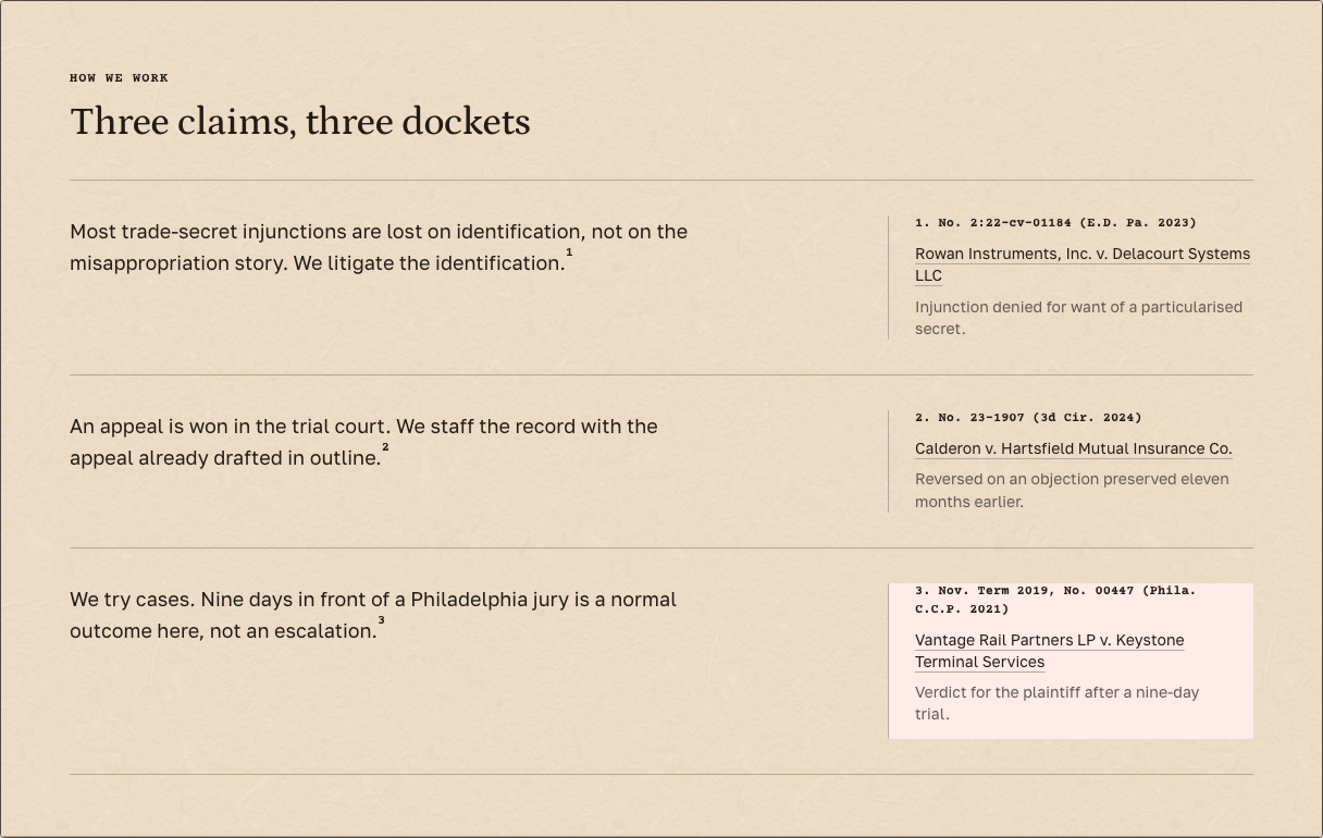 Docket law firm Tailwind template — assertions component