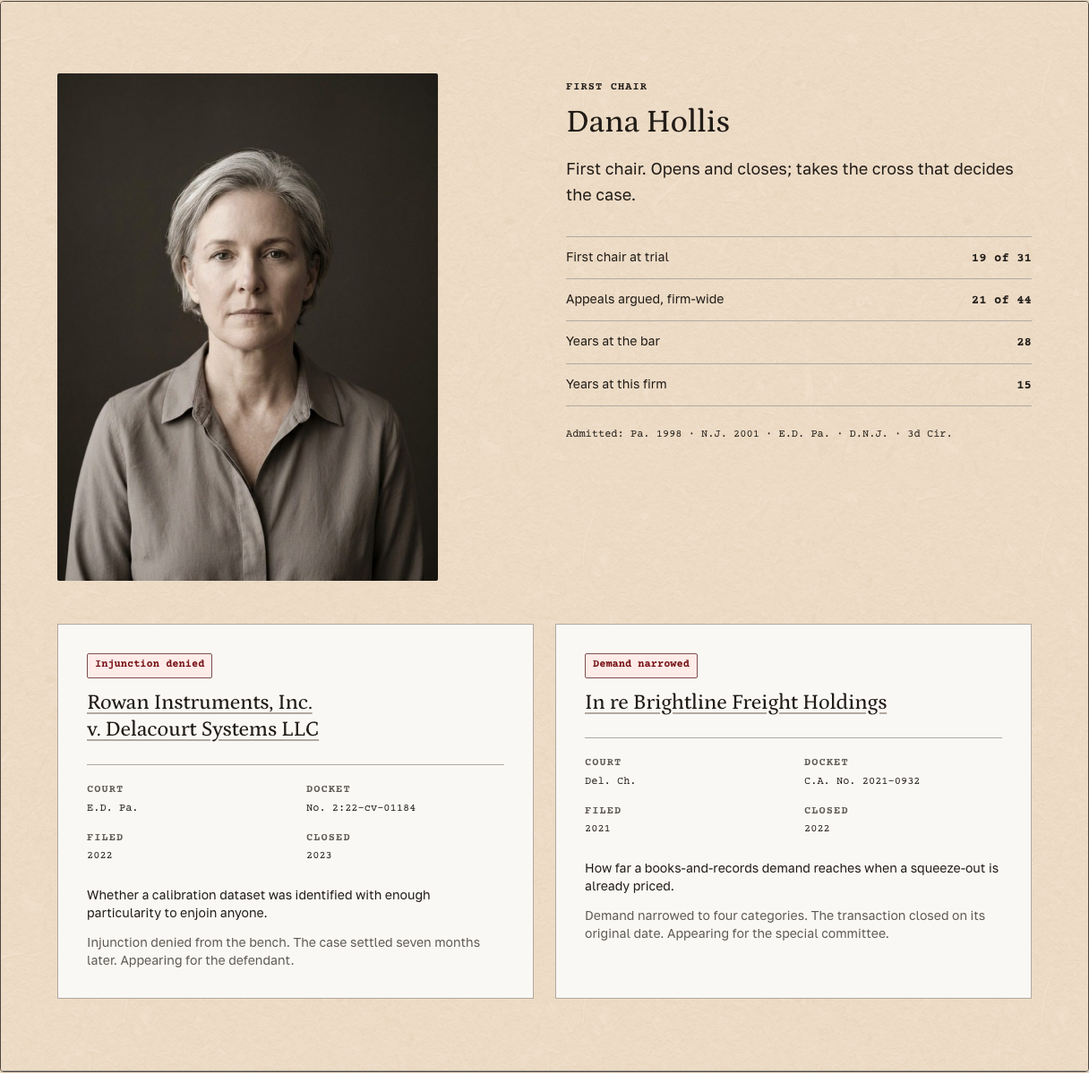 Docket law firm Tailwind template — counsel-profile component