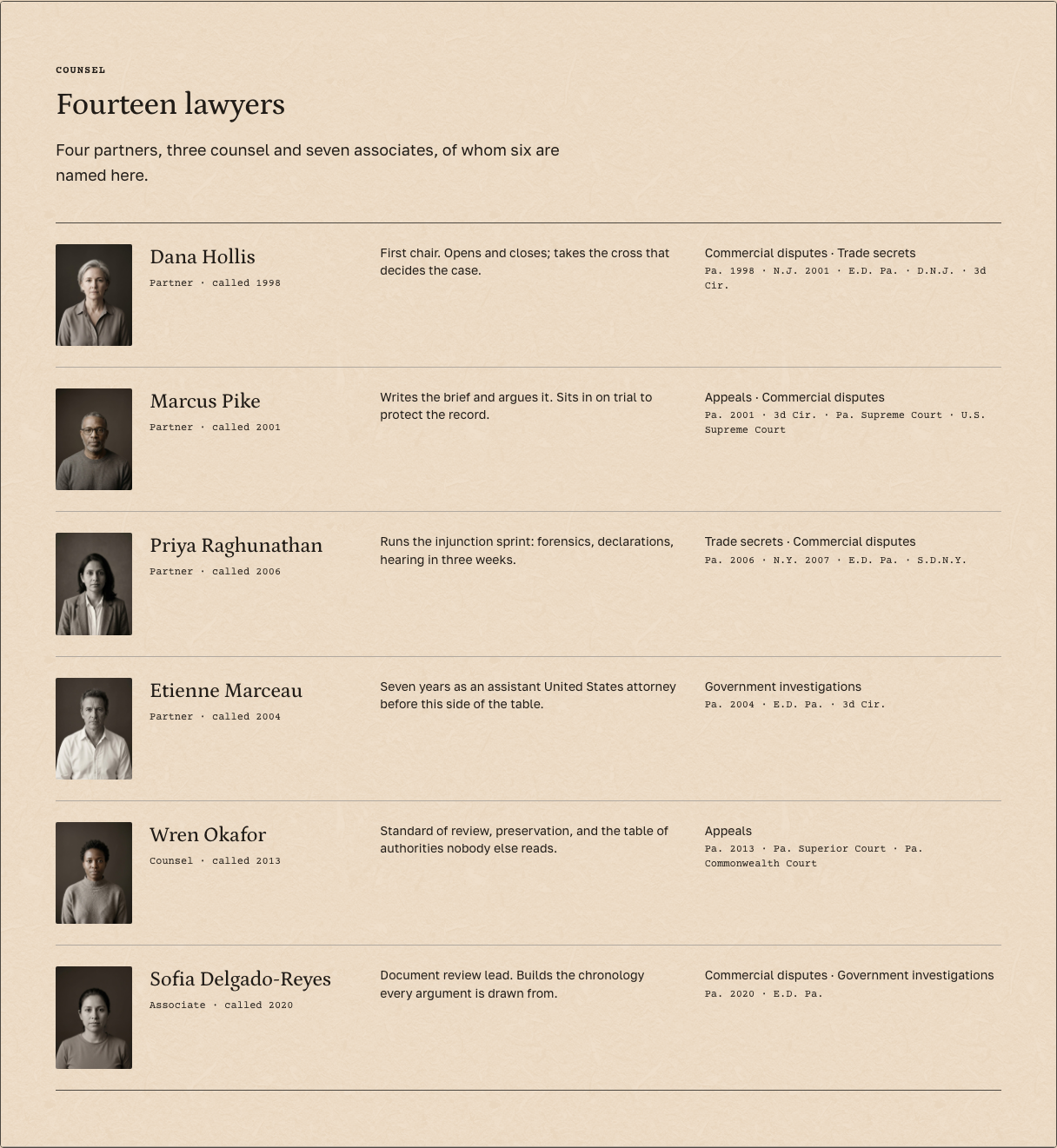 Docket law firm Tailwind template — counsel-roster component