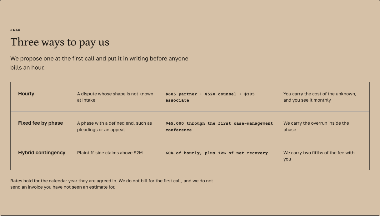 Docket law firm Tailwind template — engagement-terms component