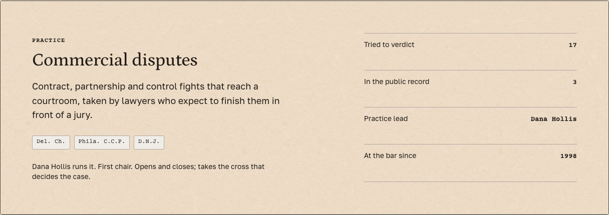 Docket law firm Tailwind template — practice-brief component