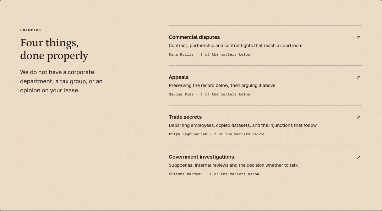 Docket law firm Tailwind template — practice-index component