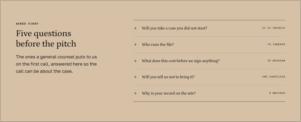 Docket law firm Tailwind template — practice-questions component