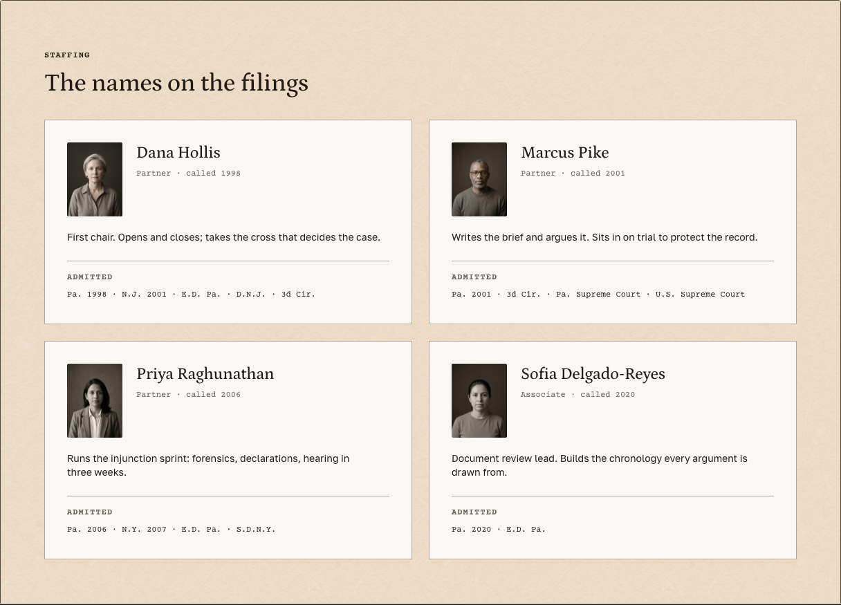 Docket law firm Tailwind template — practice-team component