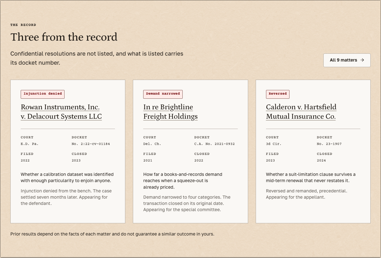 Docket law firm Tailwind template — record-strip component