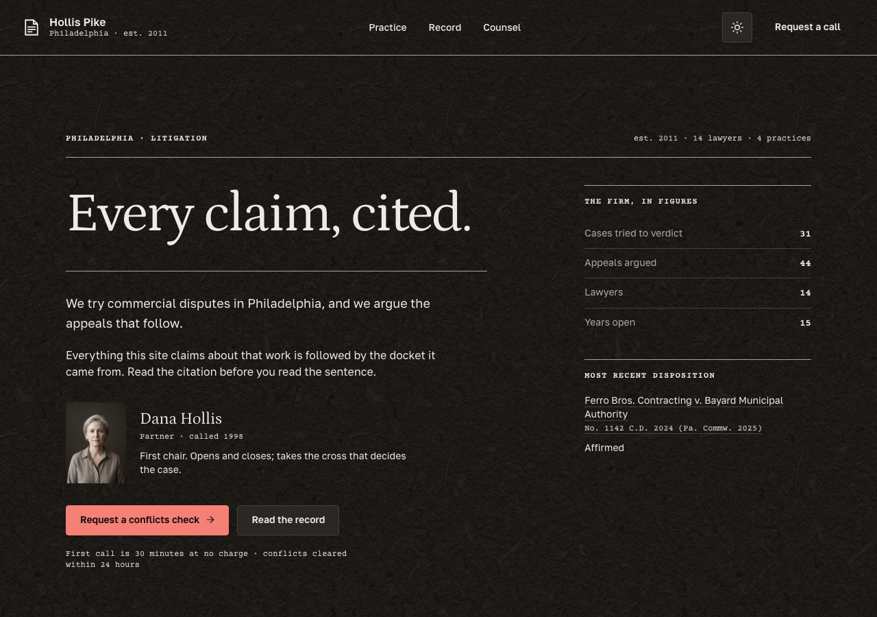Docket – Law Firm & Professional Services home page, dark mode
