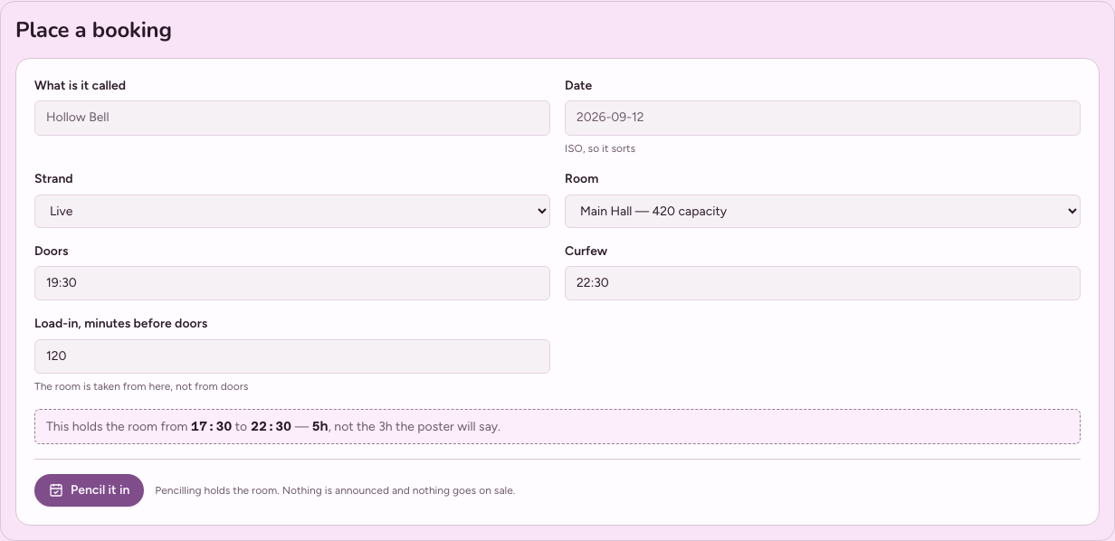 Greenroom events calendar dashboard template — booking-form component