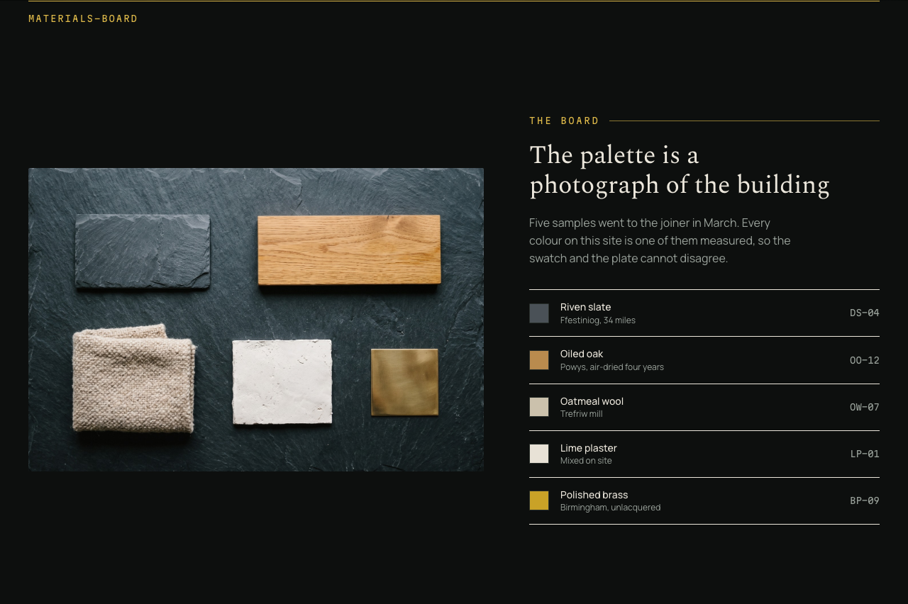 Tideline coming soon website template — materials-board component