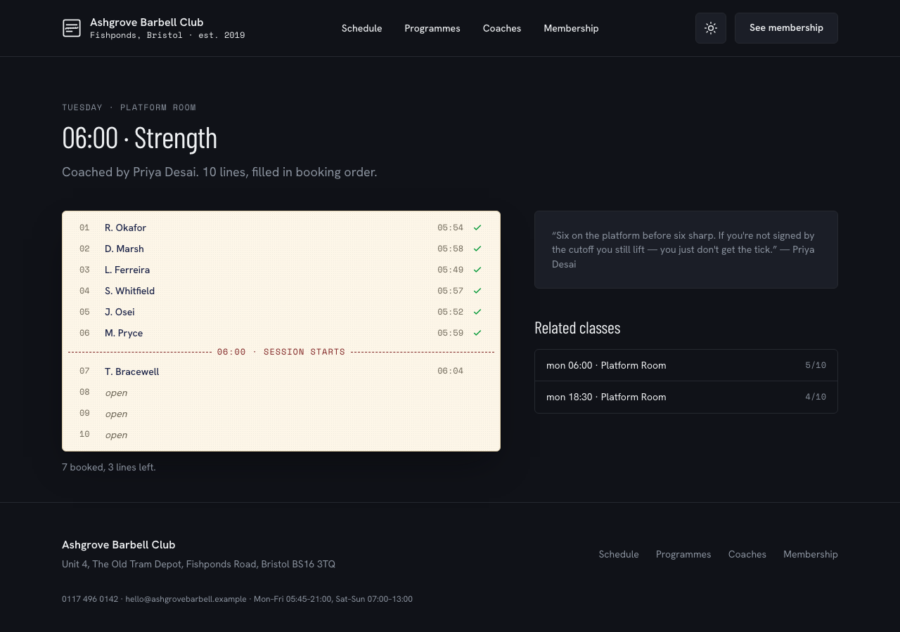 Circuit gym website template Tailwind React — Tuesday 06:00 · Platform Room page