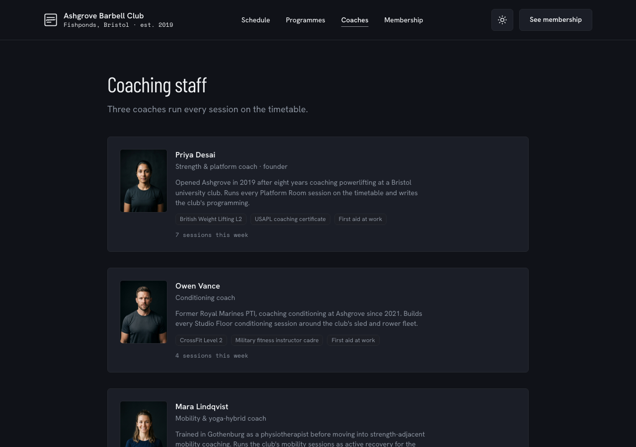 Circuit gym website template Tailwind React — Coaching staff page