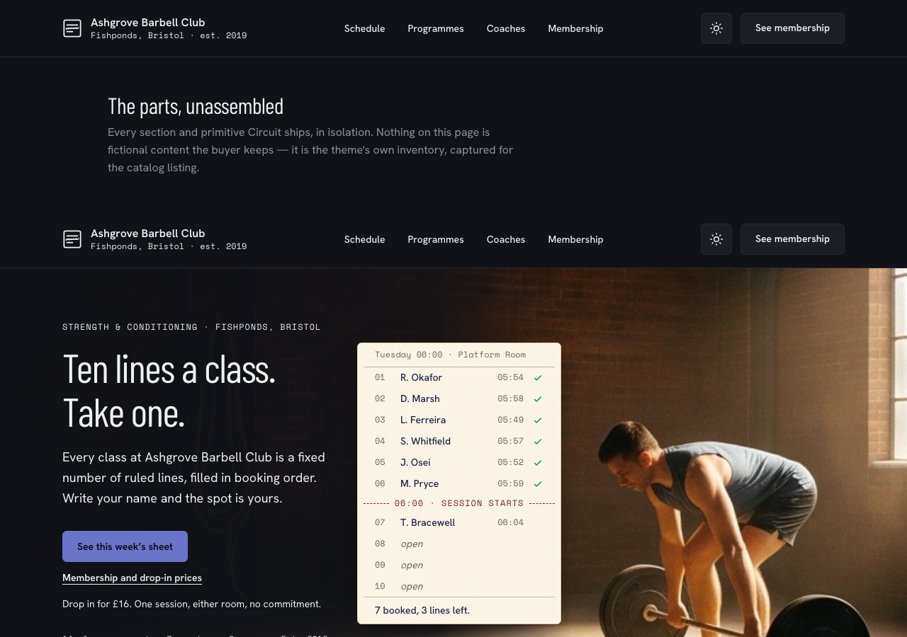 Circuit gym website template Tailwind React — The parts, unassembled page
