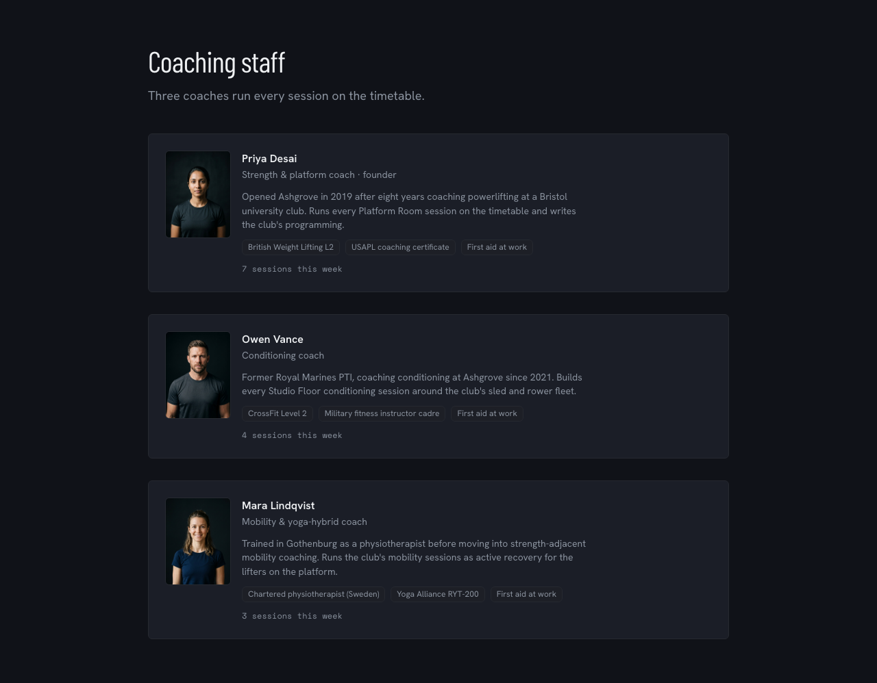 Circuit gym website template Tailwind React — coach-roster component