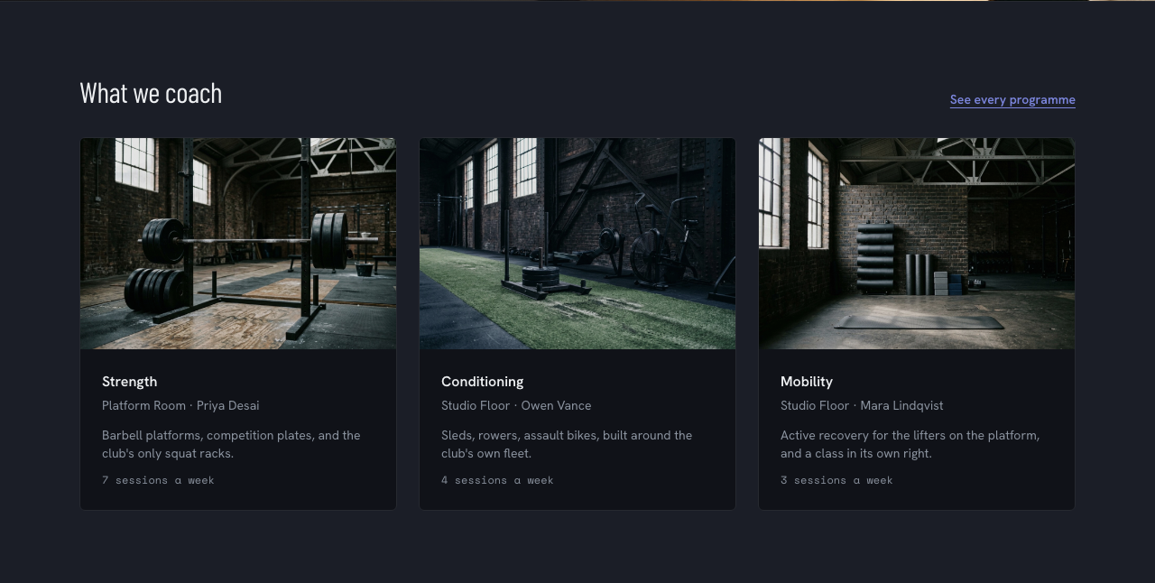Circuit gym website template Tailwind React — programs-overview component