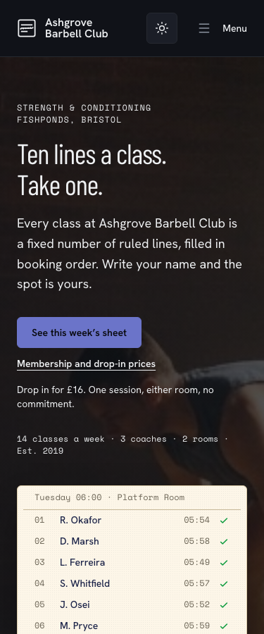 Circuit – Strength & Conditioning Gym home page, dark mode
