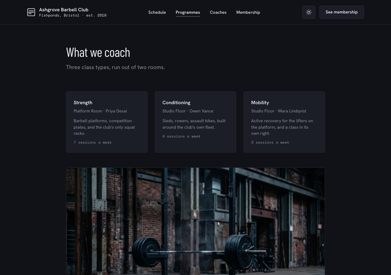 Circuit gym website template Tailwind React — What we coach page
