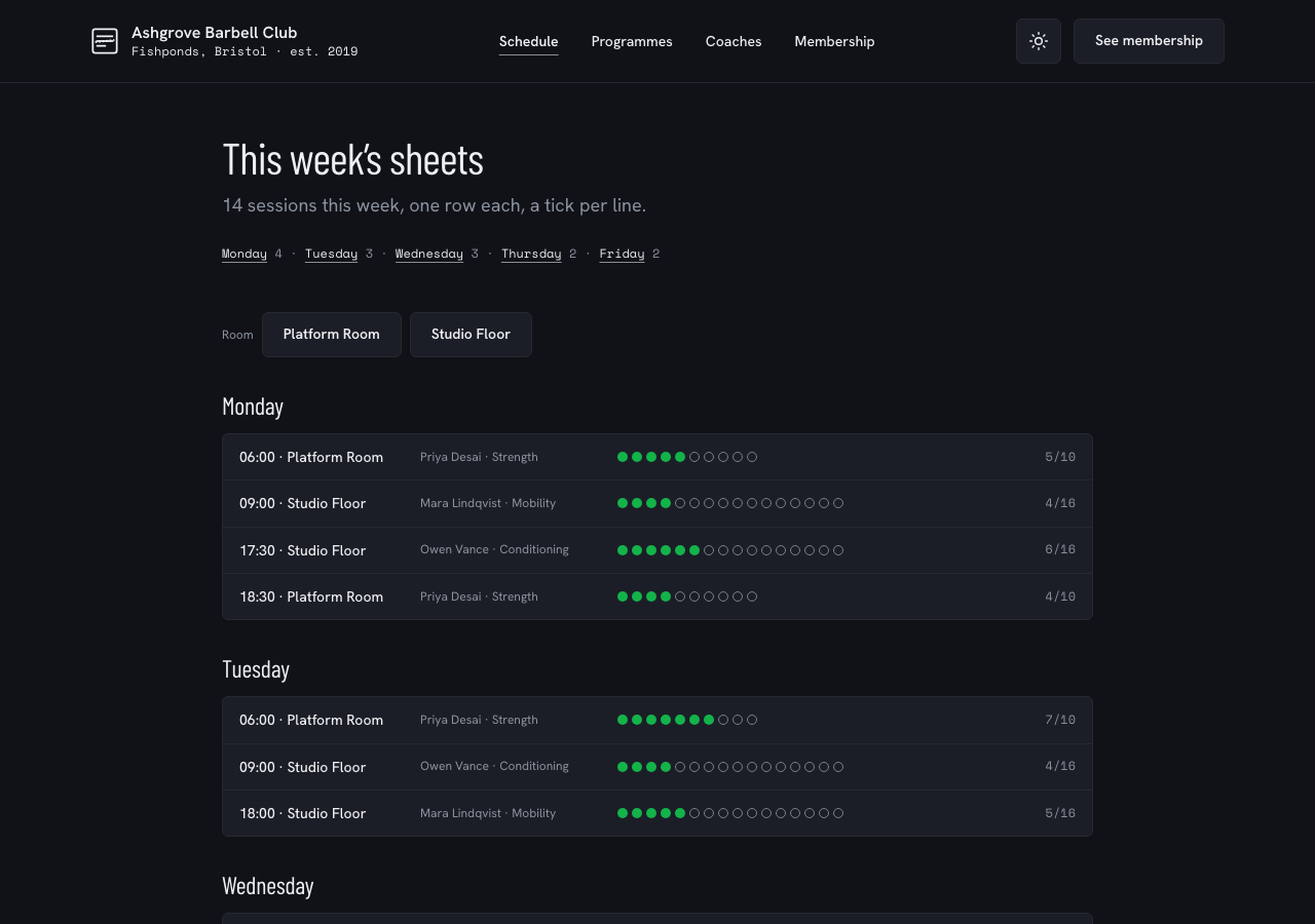 Circuit gym website template Tailwind React — This week's sheets page