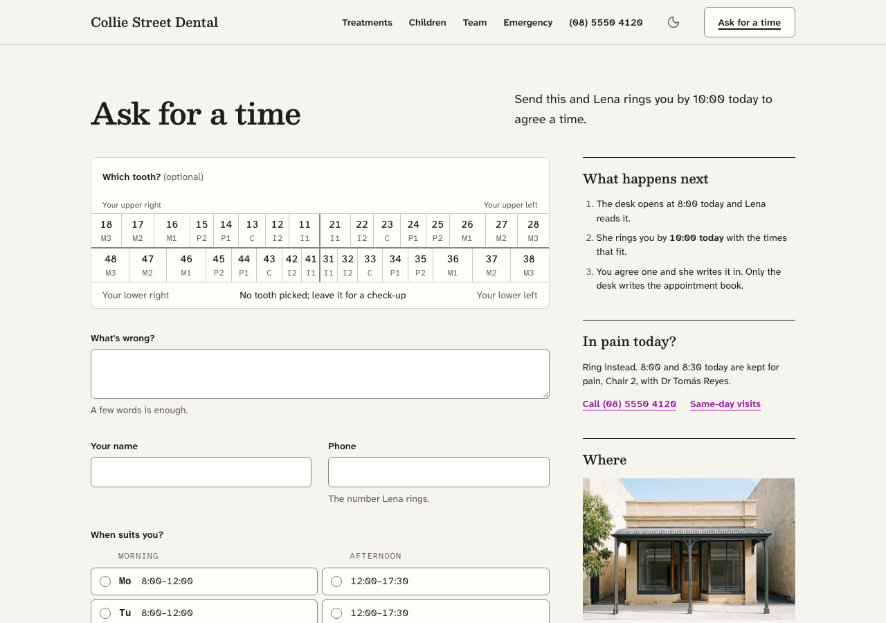 Quadrant dental website template Next.js — Ask for a time page