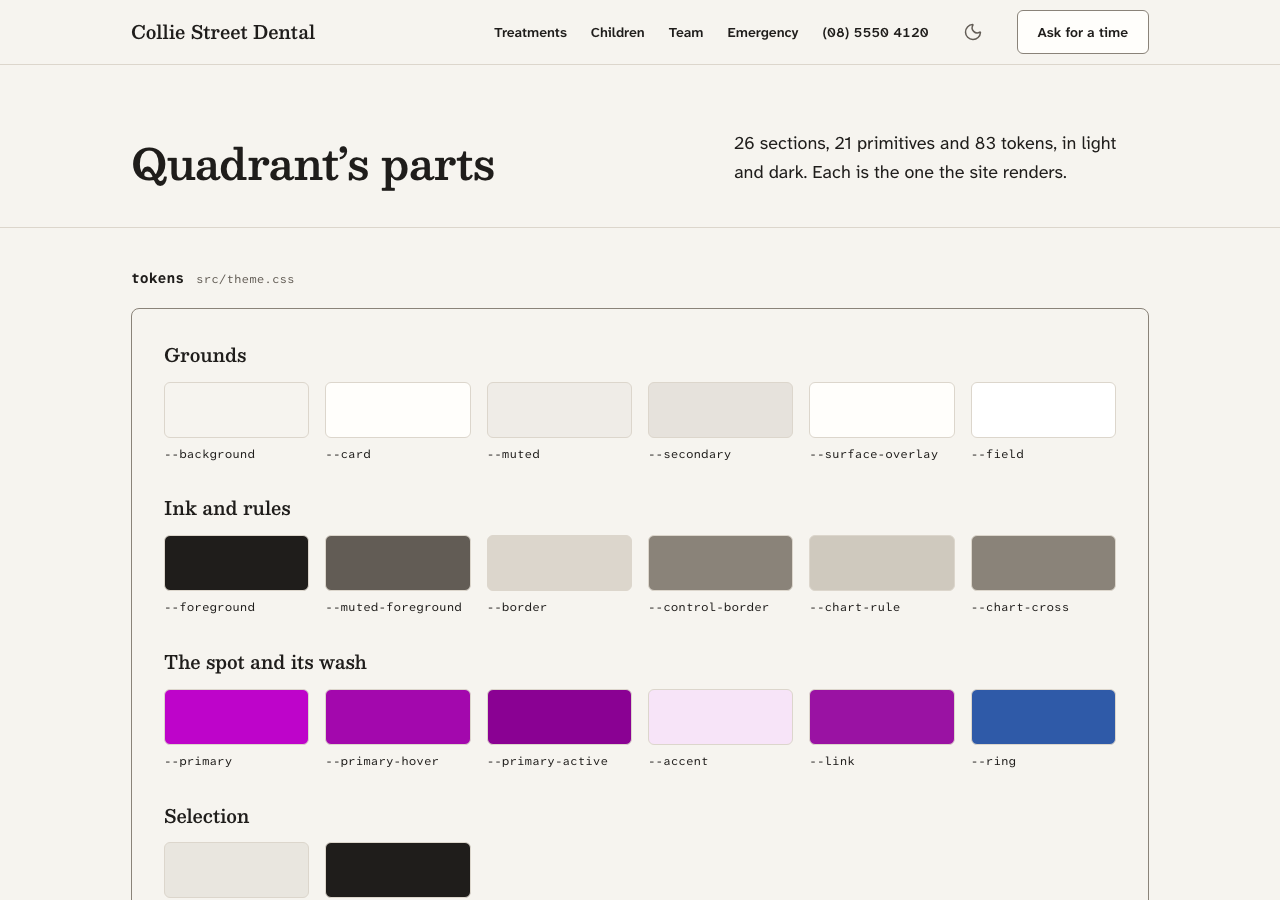 Quadrant dental website template Next.js — Quadrant's parts page