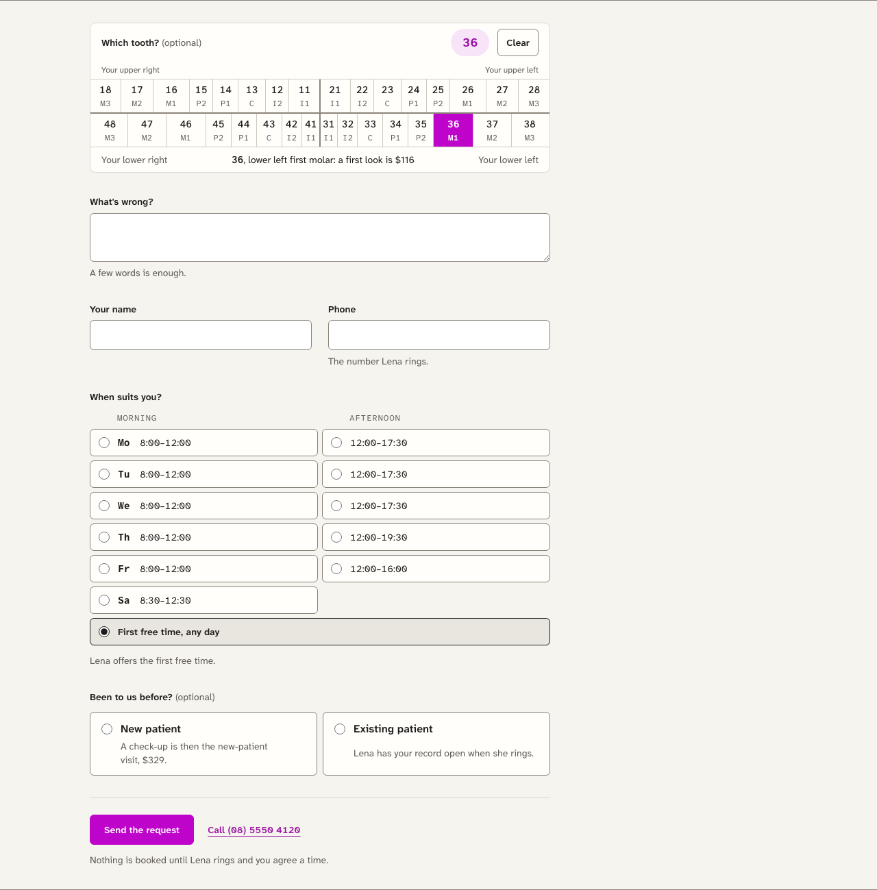 Quadrant dental website template Next.js — book-request component
