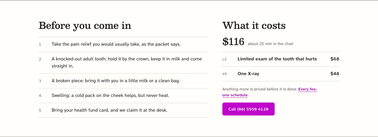 Quadrant dental website template Next.js — emergency-before component