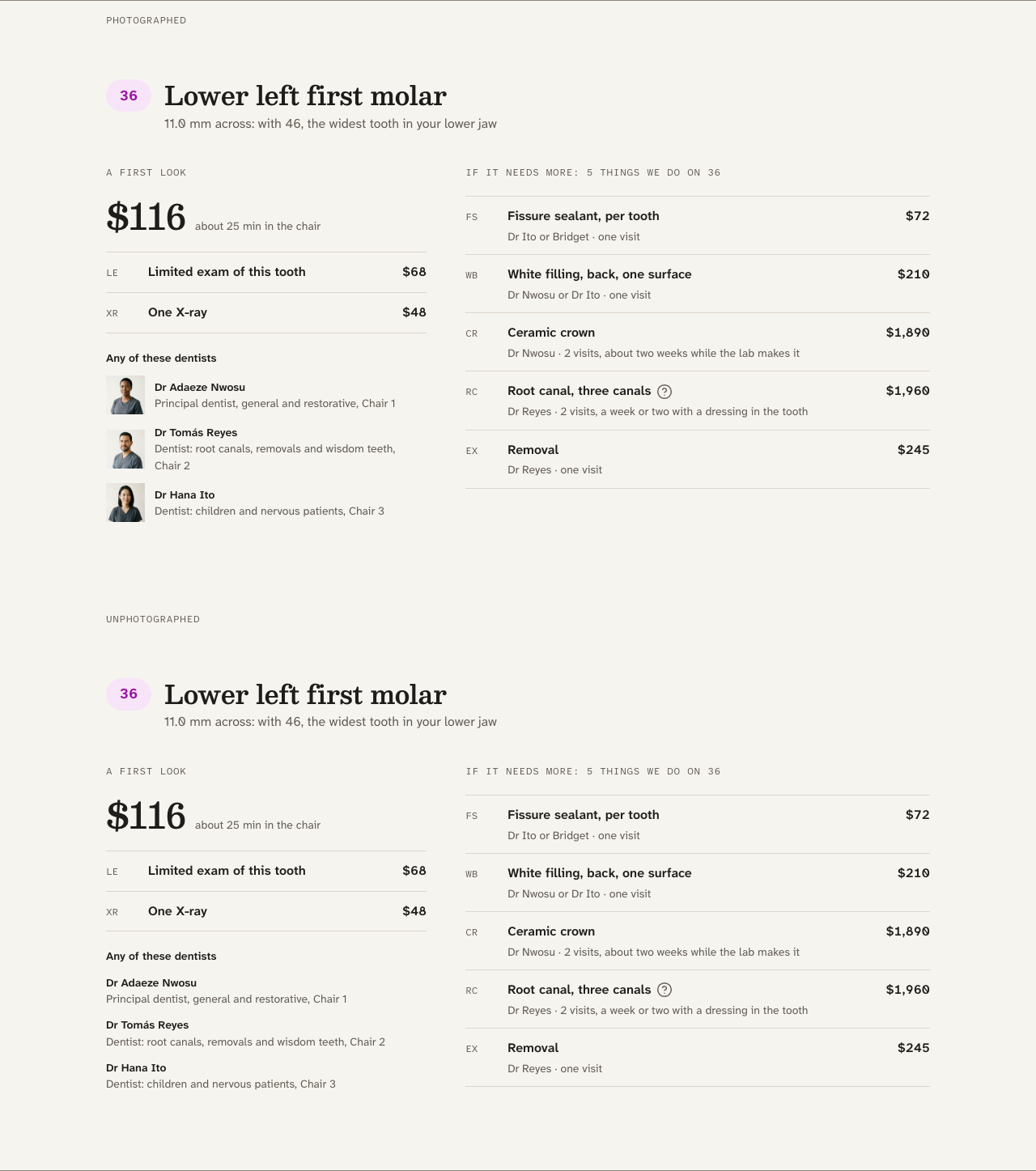 Quadrant dental website template Next.js — tooth-readout component