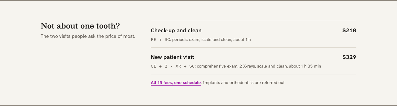 Quadrant dental website template Next.js — visit-fees component