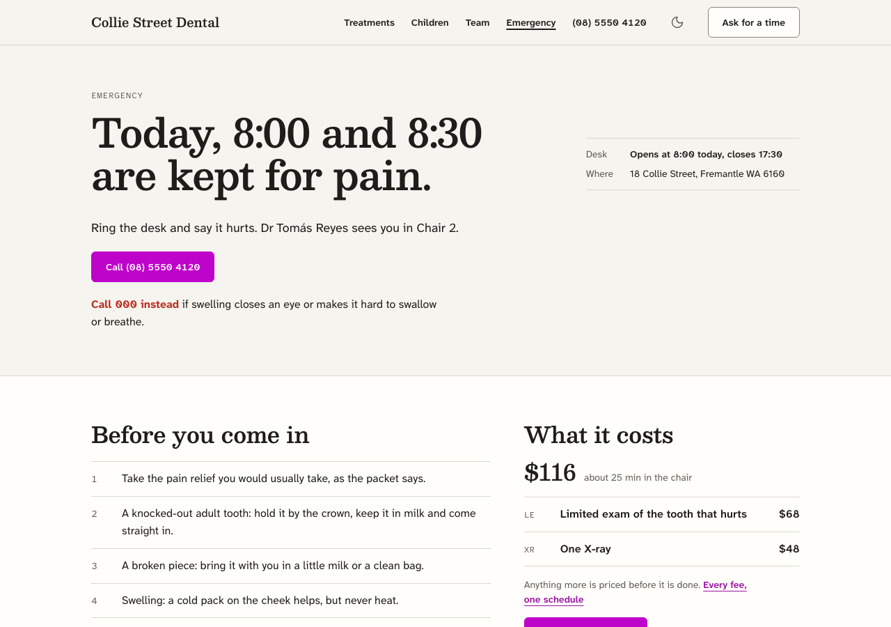 Quadrant dental website template Next.js — In pain today page