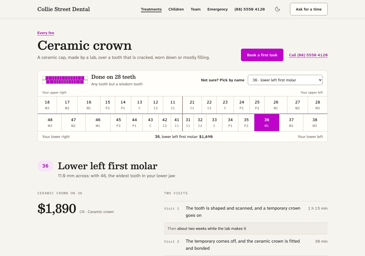 Quadrant dental website template Next.js — Ceramic crown page