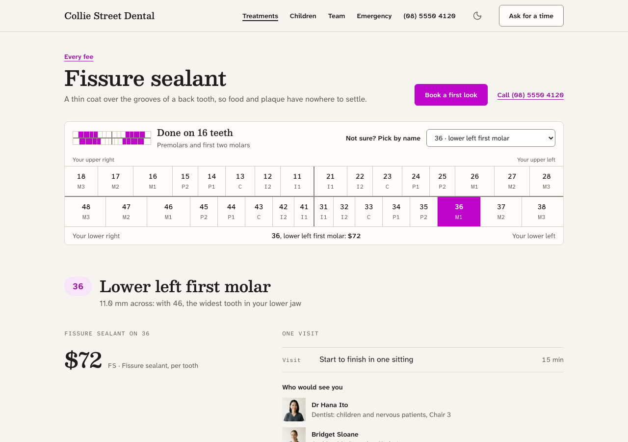 Quadrant dental website template Next.js — Fissure sealant page