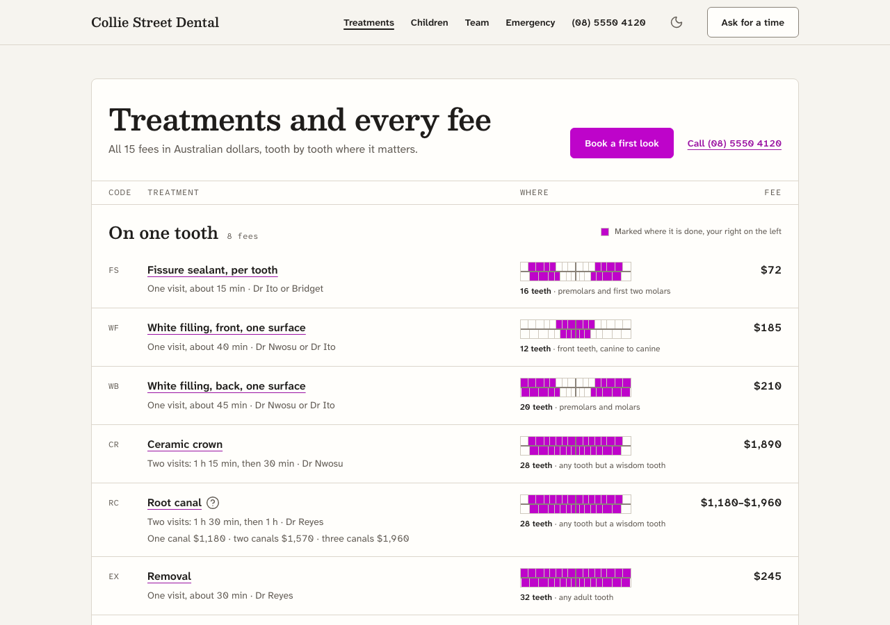 Quadrant dental website template Next.js — Treatments and every fee page