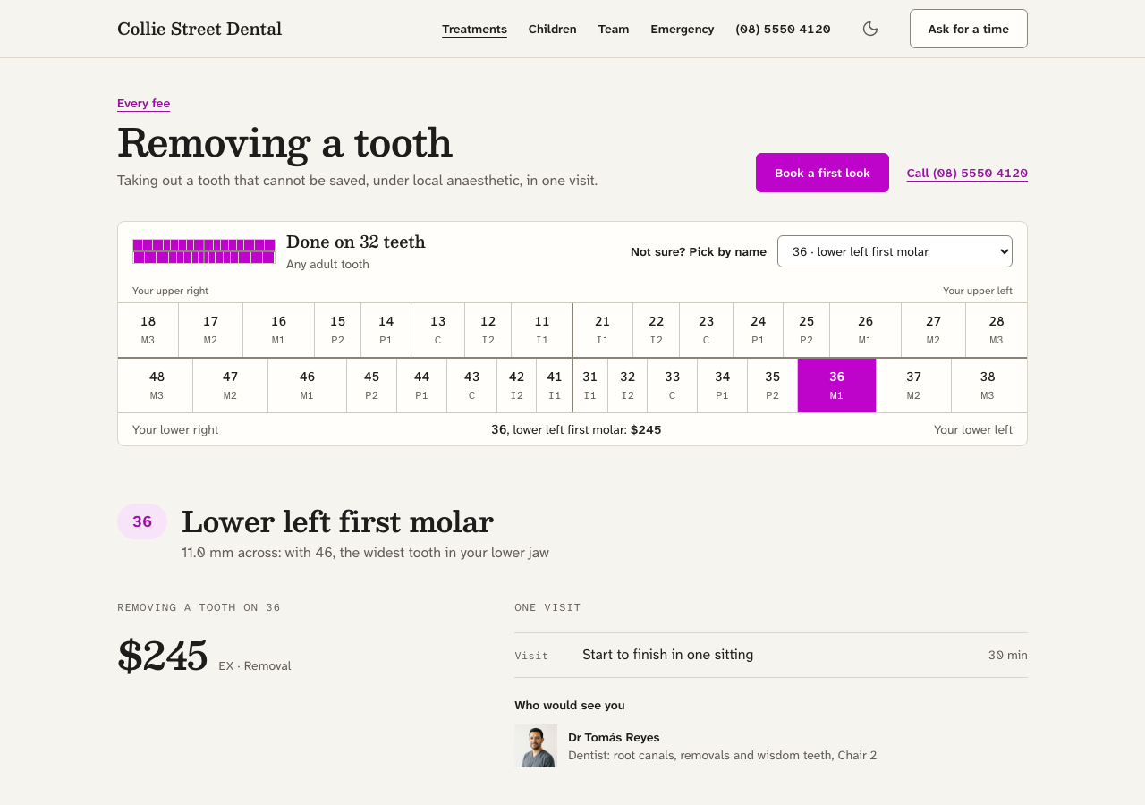 Quadrant dental website template Next.js — Removing a tooth page