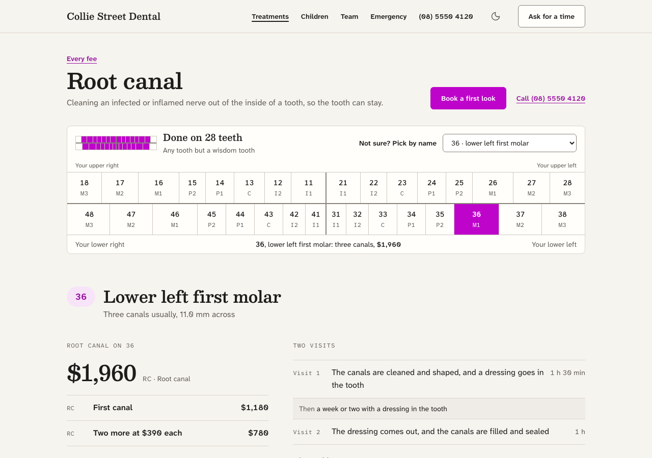 Quadrant dental website template Next.js — Root canal page