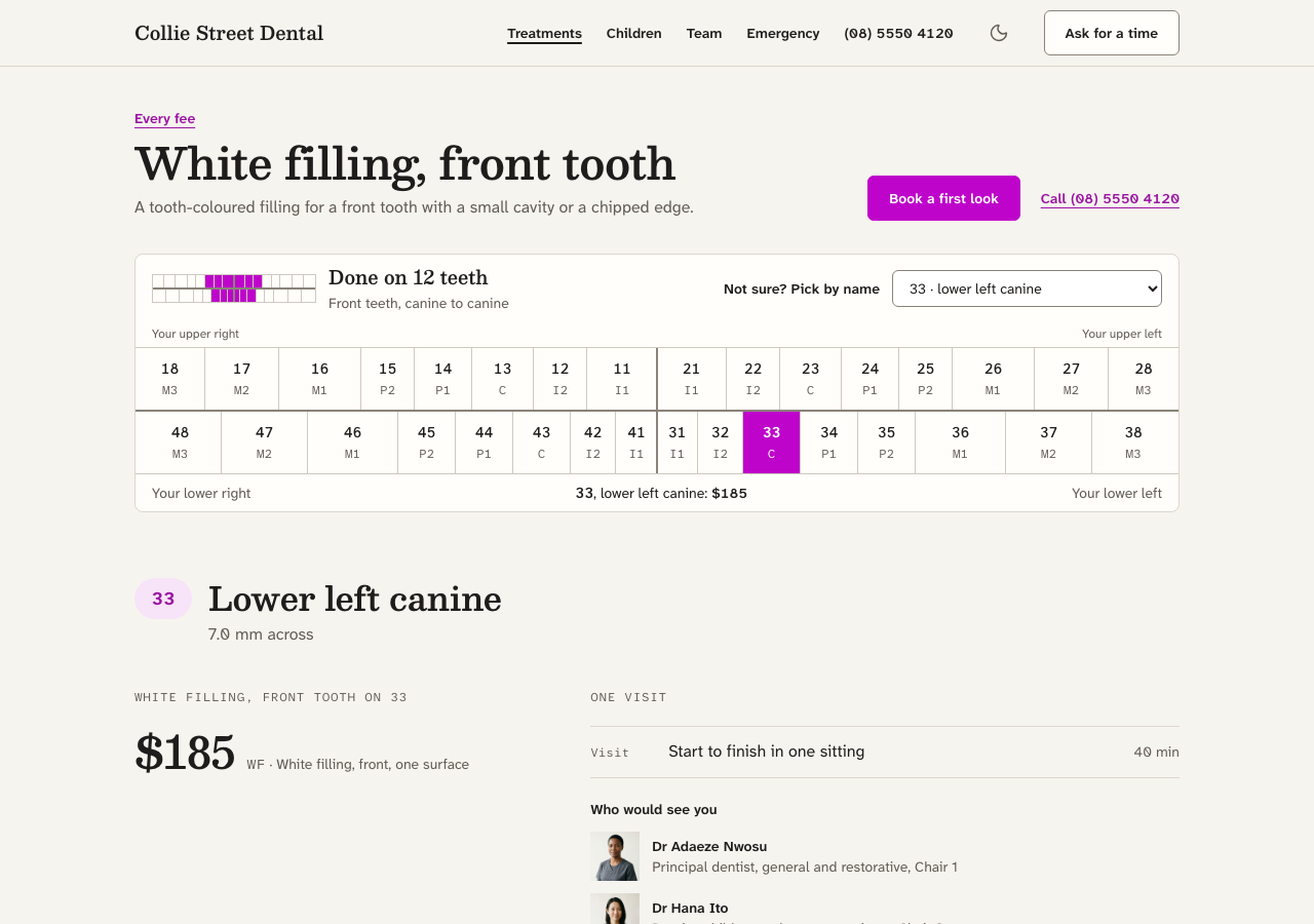 Quadrant dental website template Next.js — White filling, front tooth page