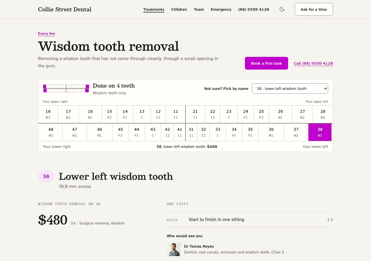 Quadrant dental website template Next.js — Wisdom tooth removal page