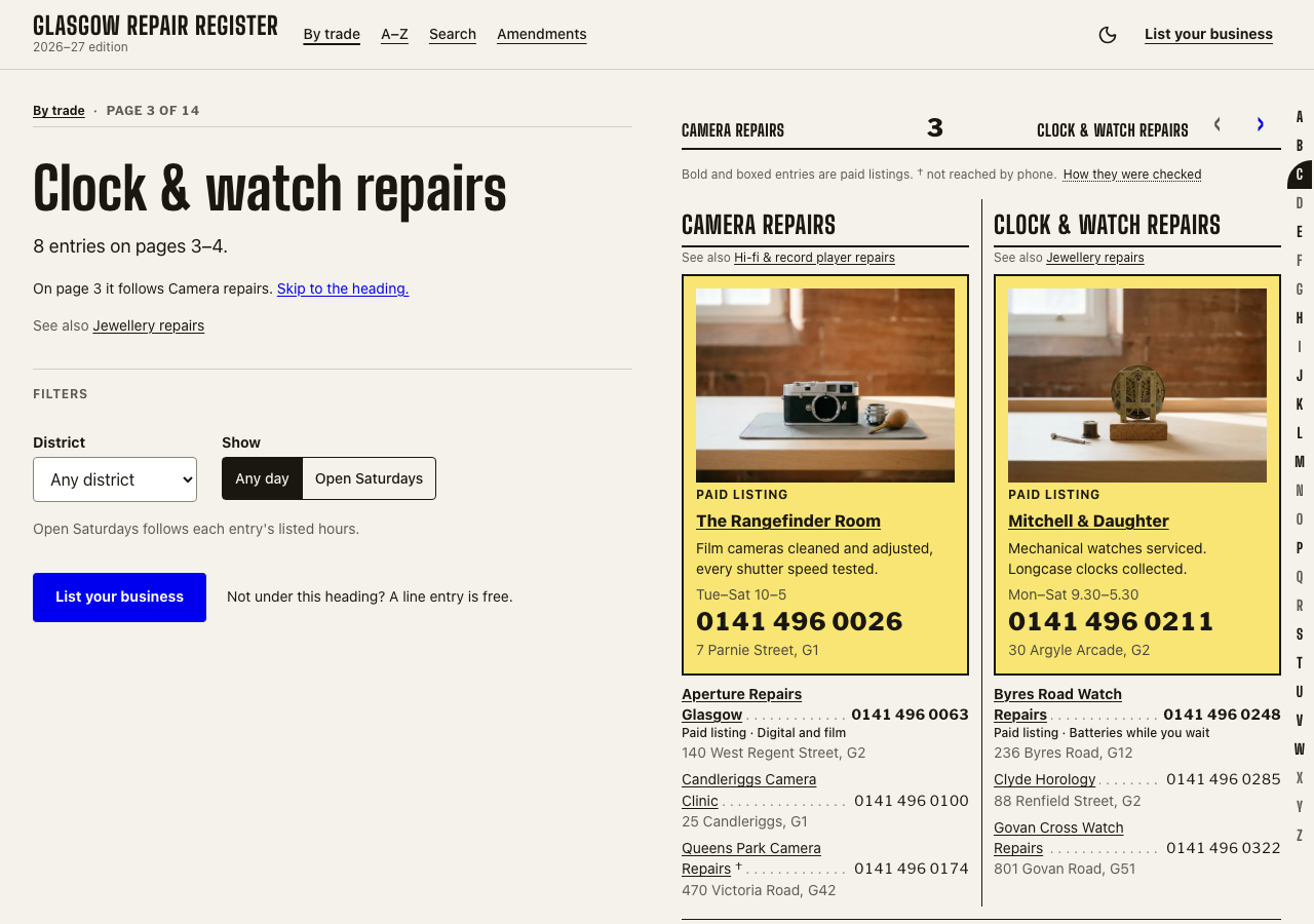 Guideword Next.js directory template — Clock & watch repairs page