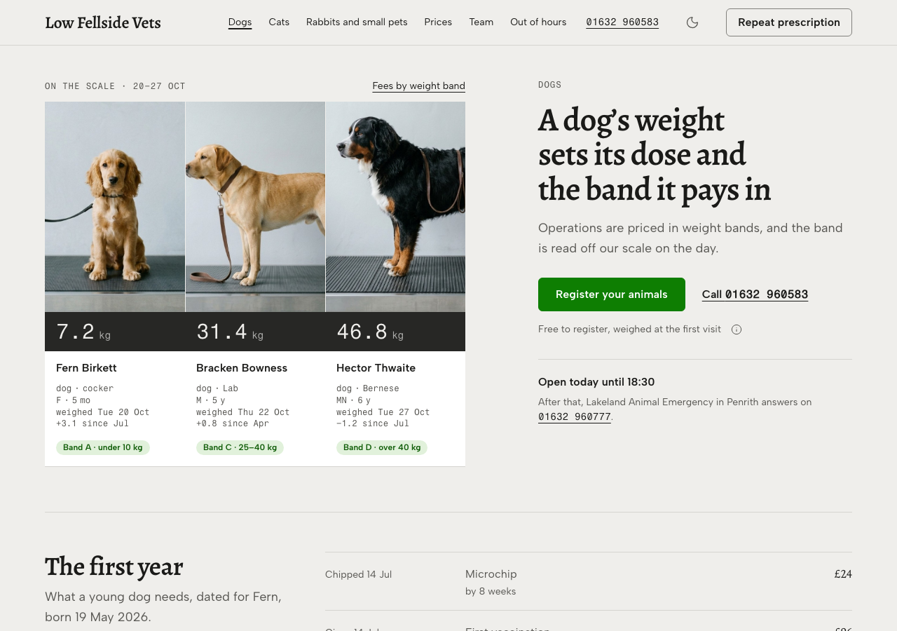 Tare veterinary clinic Tailwind template — Dogs page