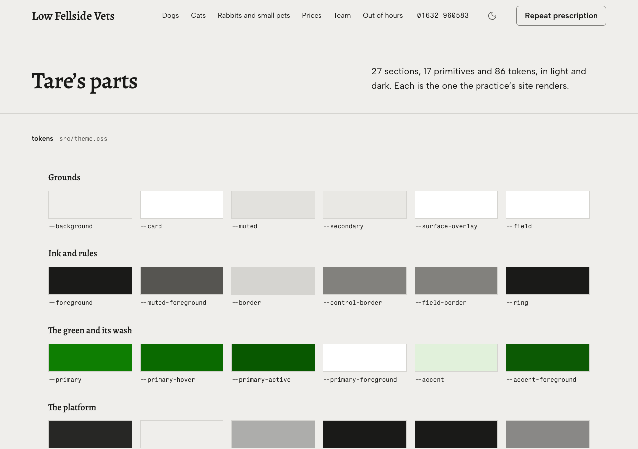 Tare veterinary clinic Tailwind template — Tare's parts page