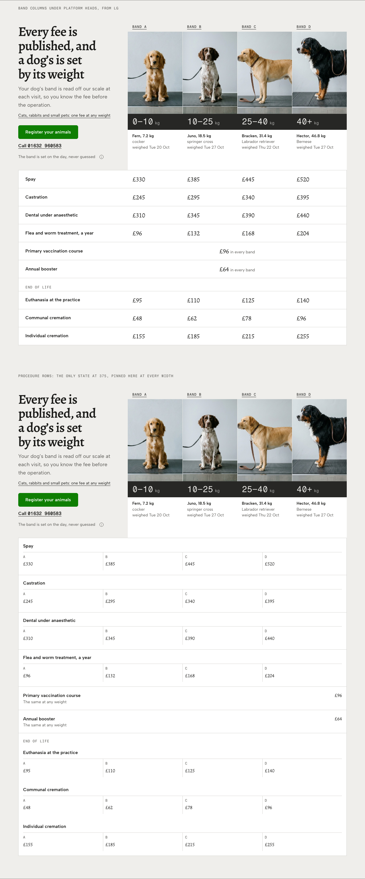 Tare veterinary clinic Tailwind template — fee-board component