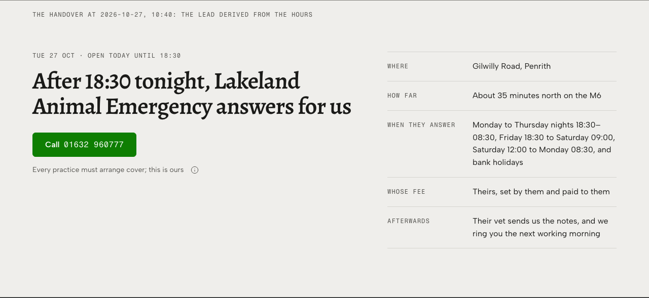 Tare veterinary clinic Tailwind template — handover component