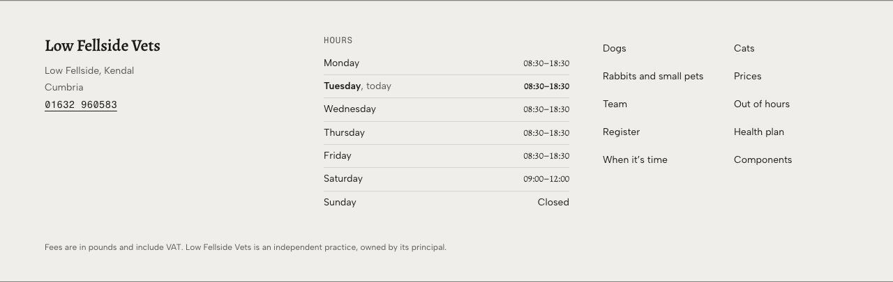 Tare veterinary clinic Tailwind template — site-footer component
