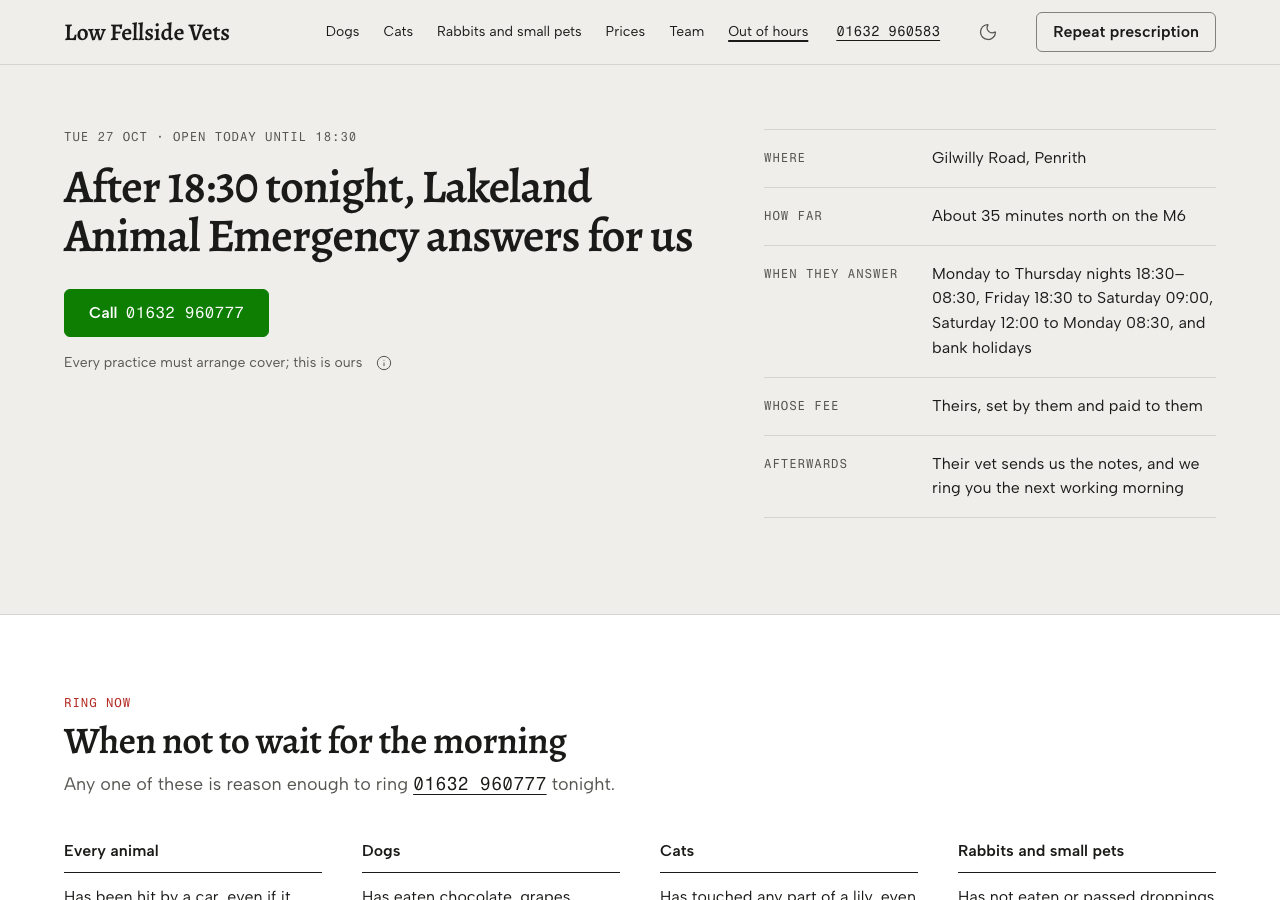 Tare veterinary clinic Tailwind template — Out of hours page