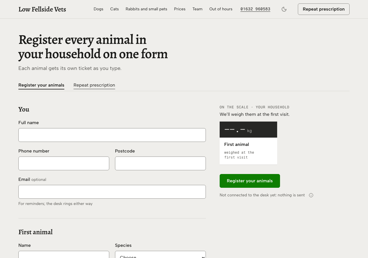 Tare veterinary clinic Tailwind template — Register your animals page
