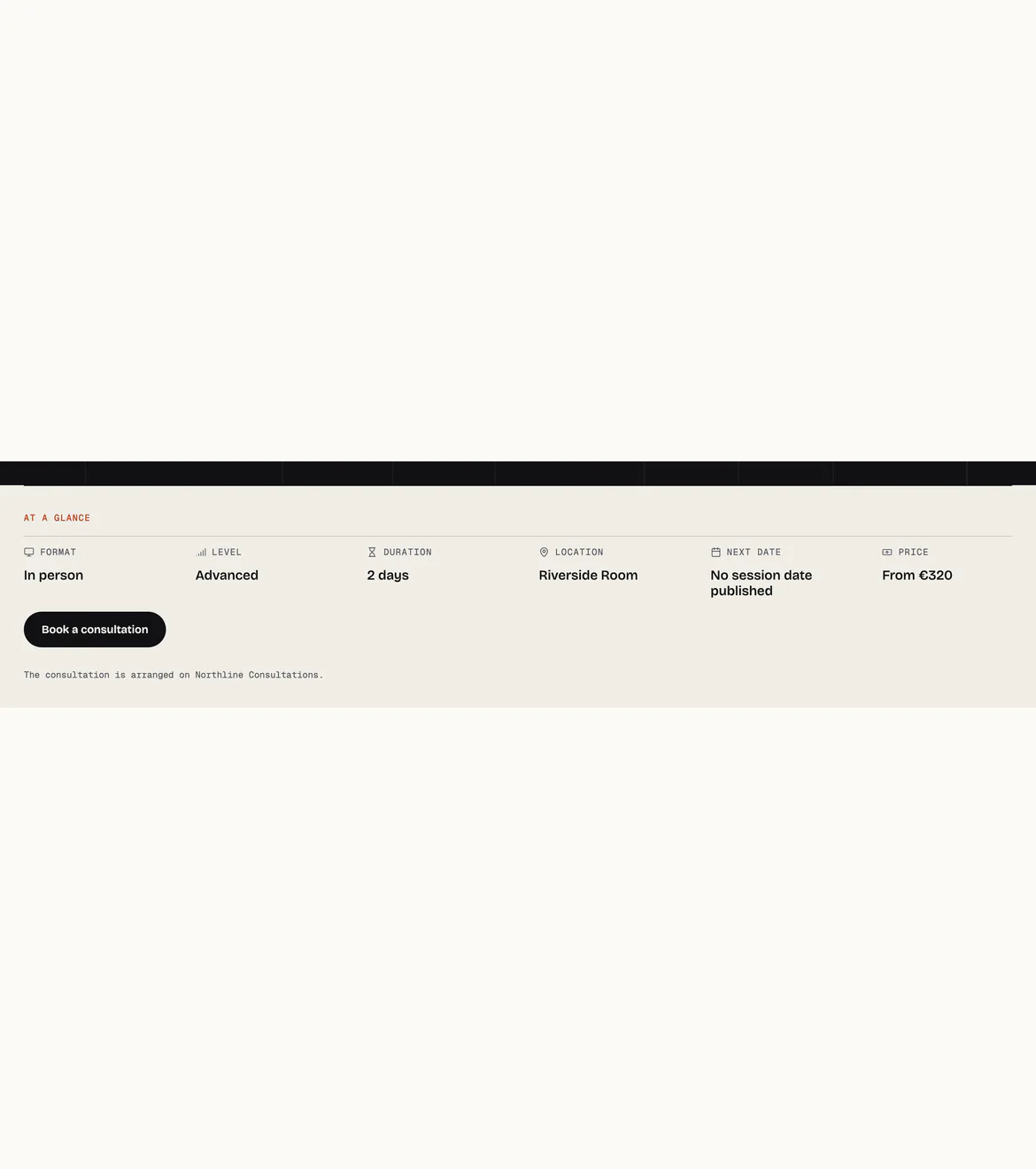 A program detail keeping format, level, duration, location, next date and price beside the action.